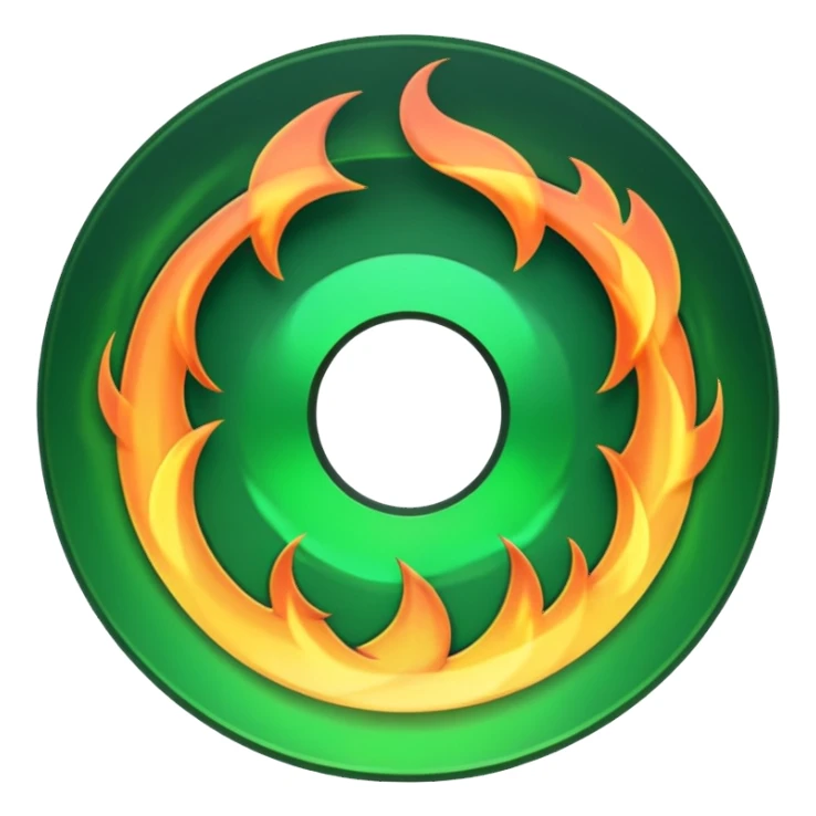 A minimalist CD disc with a subtle fire design, green flames, with a circle in the middle and a hole in the center sticker