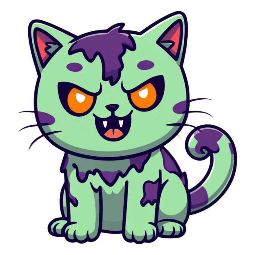 cat zombie emoji, glowing eyes, drooling, playful expression sticker