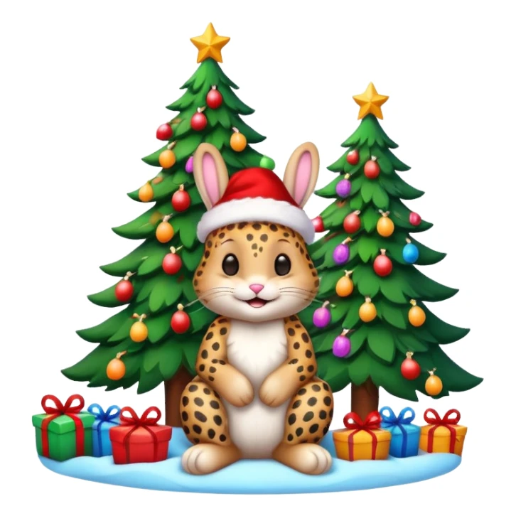 Smiling Bunny with Santa hat sitting by a Leopard and brightly lit colorful Christmas trees and candy canes 🎁  sticker