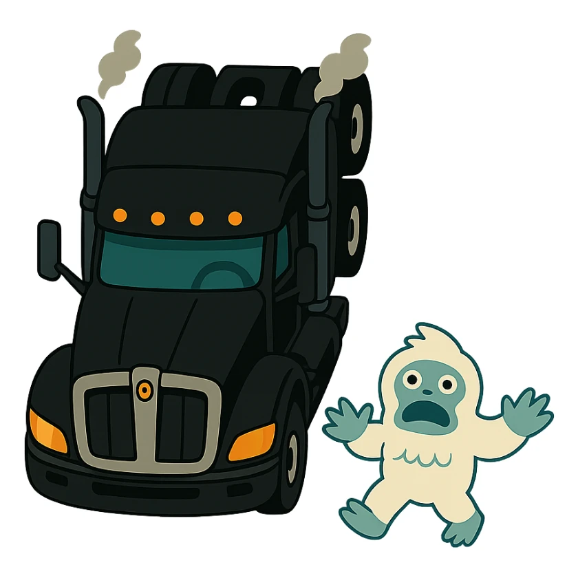 Remove the background, keep only the modern black Kenworth W680 flat top semi sleeper and the small yeti (abominable snowman), top-down vibrant toon style, animated style, no text. sticker