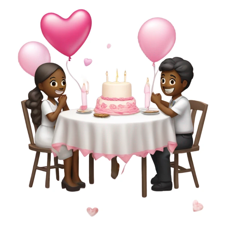 pink romantic party setting for two people and heart balloon  table with white cloth and candle with bows on the table and white Korean cake sticker
