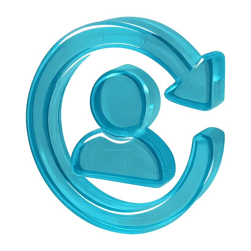 Icon of a circular arrow chasing a user silhouette, cyan blue sticker
