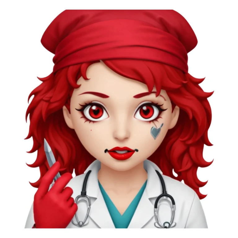 Lilith scalpel in hand, evil surgeon sexy surgeon clothes.  She has red eyes. Dark brown curly hair. Wears sexy doctor outfit with red gloves.covers her mouth necknose with red bandana to hide  her identity. Hair is long and brown hair is free but must cover her face sticker