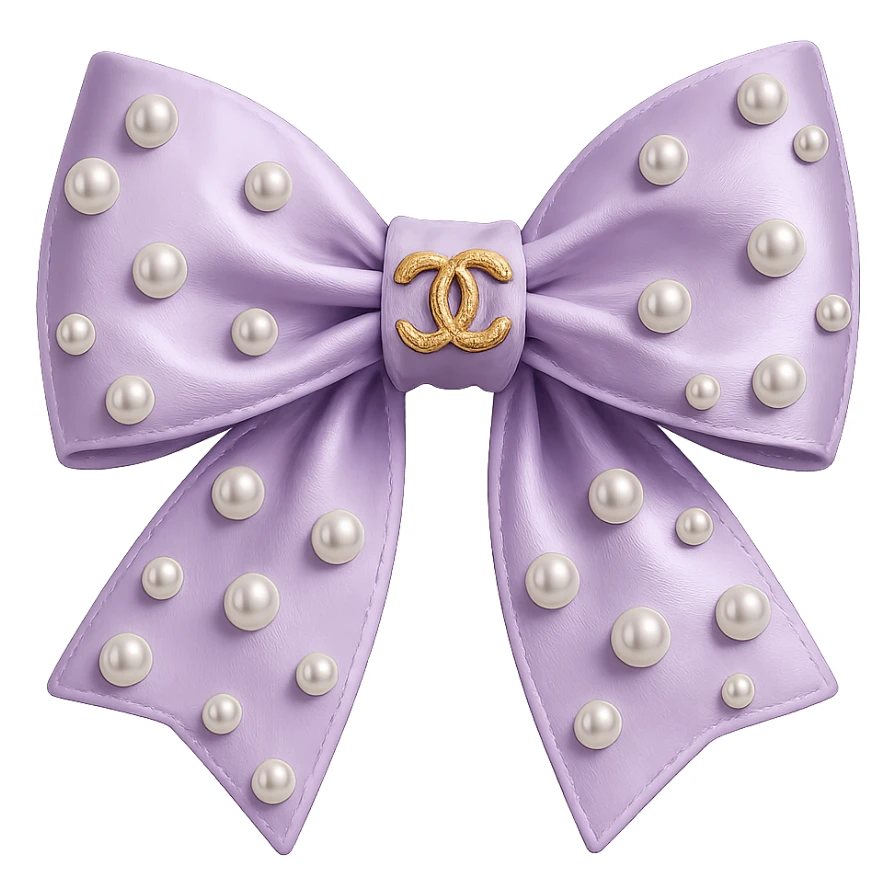 Remove the background, keep only the elegant bow with pearls and gold Chanel logo, glossy, pastel colors, realistic style, with no background. purple sticker