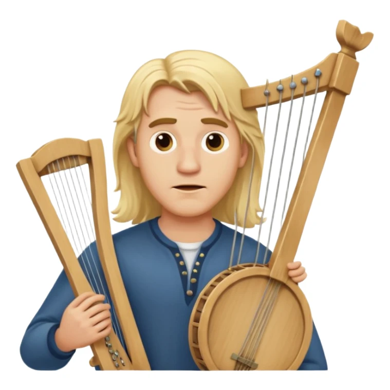 Man with long blonde hair looking clueless holding a lyre sticker