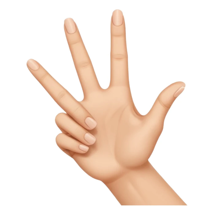 right hand making the American Sign Language 'E' gesture, fingers curled to form the letter E, no text sticker