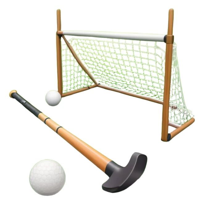 field hockey stick and ball on green grass field with goalposts in background sticker