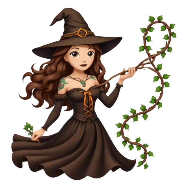 witch woman long wavy brown hair tattoos pulling vine ribbon slowly sticker