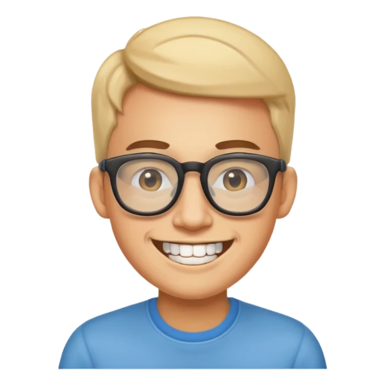 smiling coder with big glasses and buck teeth, simple, clear emoji style sticker