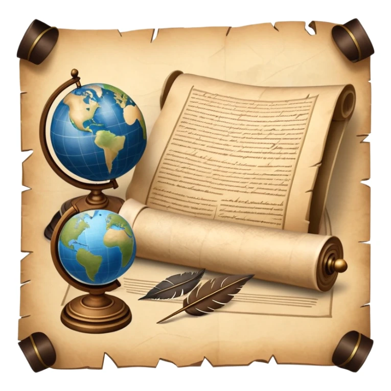 An icon featuring an ancient scroll, a quill pen, and a globe, symbolizing the study of history. The design includes a timeline with significant historical events, with ruins in the background to evoke past civilizations. Transparent background emphasizes the exploration of human history sticker
