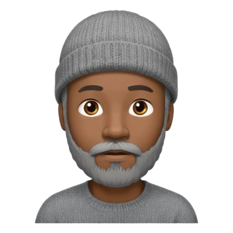 Middle-aged black male, gray goatee beard, wearing a gray knit beanie sticker