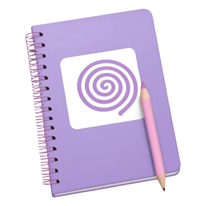 pastel purple spiral-bound notebook labeled 'schedule' in white, with a soft pink pencil resting on it, iOS emoji style sticker