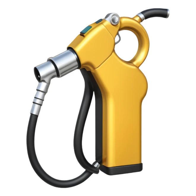 handheld fuel dispenser with a trigger, metallic look, slightly curved tip, black rubber hose attached sticker