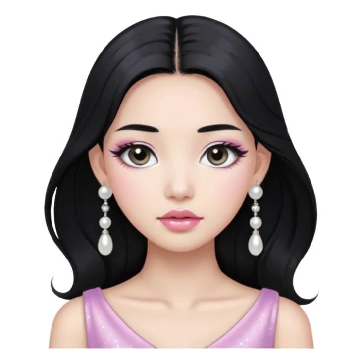 asian long black hair silver grey eyes glossy lips glittery white and light pink eyeshadow girl pearl earrings sticker