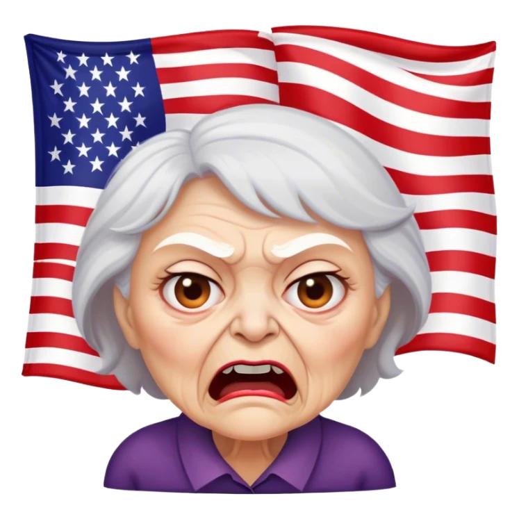 Angry old woman in front of upside-down flag sticker