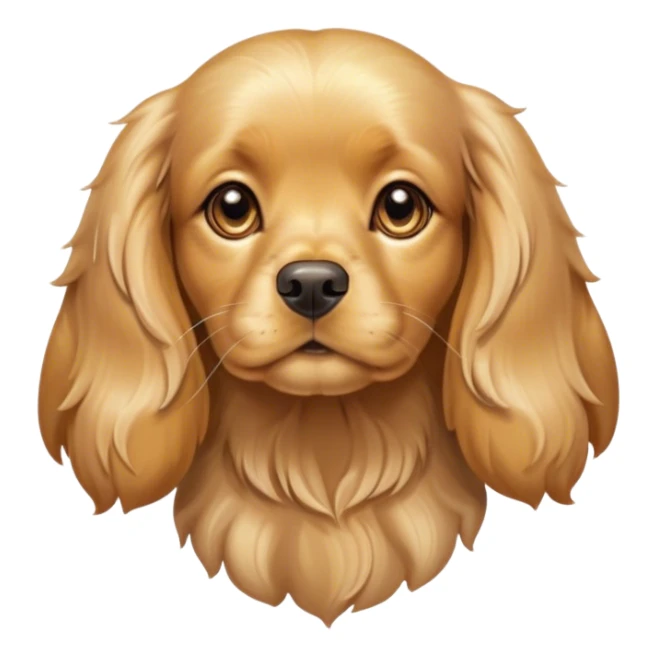 Cinematic Cute Gold Cocker Spaniel Portrait Emoji, Head tilted playfully and inquisitively, showcasing a silky, golden coat with a natural sheen, round, sparkling brown eyes filled with curiosity, Simplified yet irresistibly adorable features, highly detailed, glowing with a warm, friendly glow, high shine, affectionate and lively, stylized with a touch of whimsy, bright and endearing, soft glowing outline, capturing the essence of a mischievous yet loving pup, so playful it feels like it could bound out of the screen and into your arms! sticker
