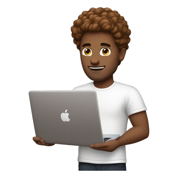 a guy with a voluminous chestnut-colored hairstyle, holding a MacBook, blue eyes, wearing a white T-shirt, medium build sticker