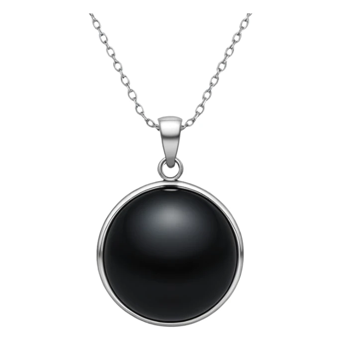 polished round black onyx pendant on a delicate silver chain, glowing faintly like a celestial orb sticker