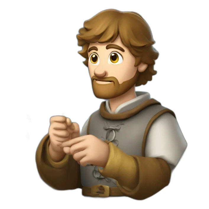 medieval coin collector, looking at a coin with a magnifying lense sticker