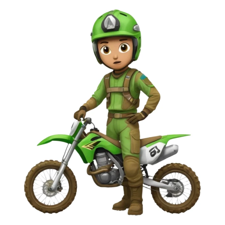 confused dirtbike rider in green gear sticker