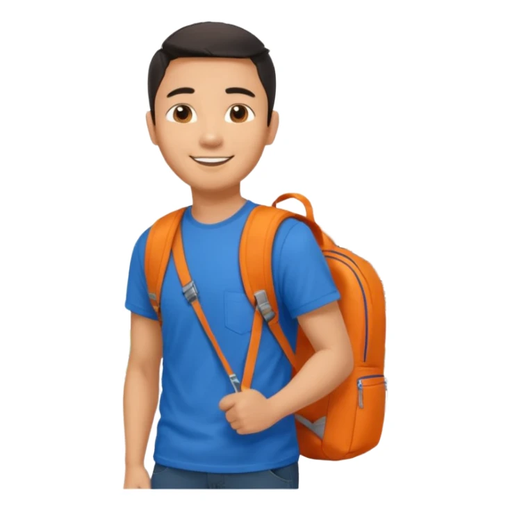 an asian man in blue t-shirt with orange backpack on the back. Eiffel tower on the background. shoulder length picture sticker