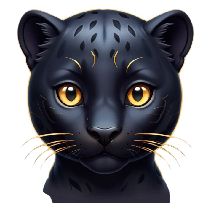 Cinematic Cute Panther Portrait Emoji, Head tilted playfully and inquisitively, with a smooth, streamlined form accentuated by a subtle sheen and round, sparkling eyes filled with charm, Simplified yet irresistibly adorable features, highly detailed, glowing with a warm, inviting glow, high shine, affectionate and lively, stylized with a touch of whimsical mystery, bright and endearing, soft glowing outline, capturing the essence of a mischievous yet loving panther that seems as if it could pounce out of the screen into your arms! sticker