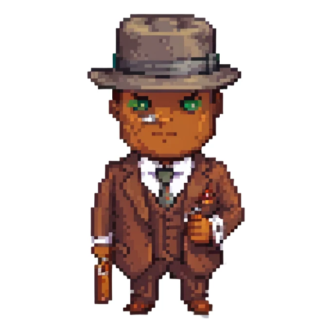 mafia guy wearing a fedora and suit, holding a cigar, pixel art style sticker