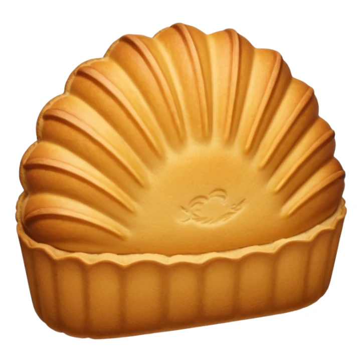 A madeleine pastry. Oval shaped with vertical lines going in the same direction as the oval. Light golden brown. Scalloped edge. Cookie. sticker