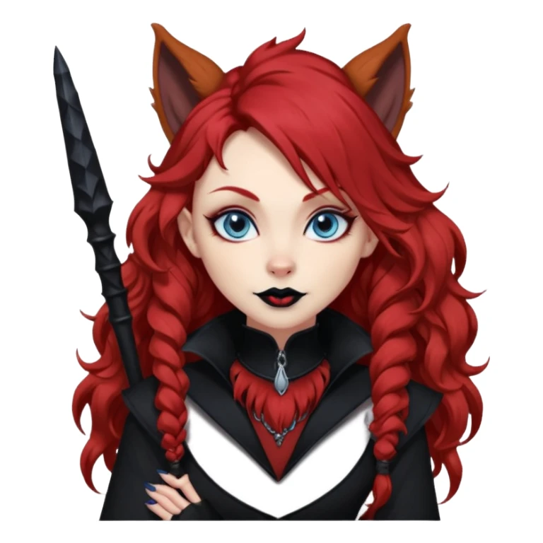  long curly red hair (darker), red pointed ears with black trim, black goth outfits, body and face human, blue eyes, more pointy chin, black lipstick, big fluffy red squirrel tail with black tips, like the attached photo with more outfits and poses,  sticker