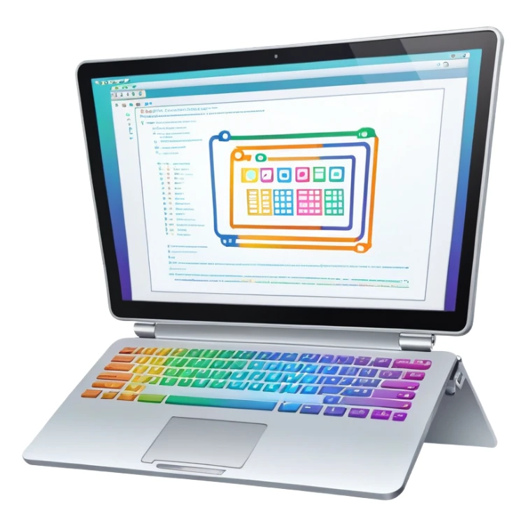 An icon featuring a laptop screen with colorful lines of code, brackets, and a blinking cursor, symbolizing programming. The design includes flowcharts, gear icons, and binary code, representing software development and logical problem-solving. Transparent background highlights the world of coding. sticker