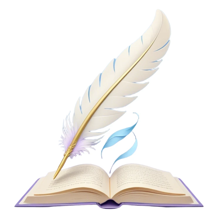 Create a delicate and poetic emoji representing poetry. The design should feature several elegantly flying pages with short poetic columns written on them. The pages should appear light and flowing, almost as if being carried by the wind. Include a white feather gently resting on the pages, symbolizing creativity and inspiration. Use soft, pastel tones like light blues, purples, and creams to give it a dreamy, artistic feel. The design should feel ethereal and whimsical, capturing the essence of poetry. Make the background transparent. sticker