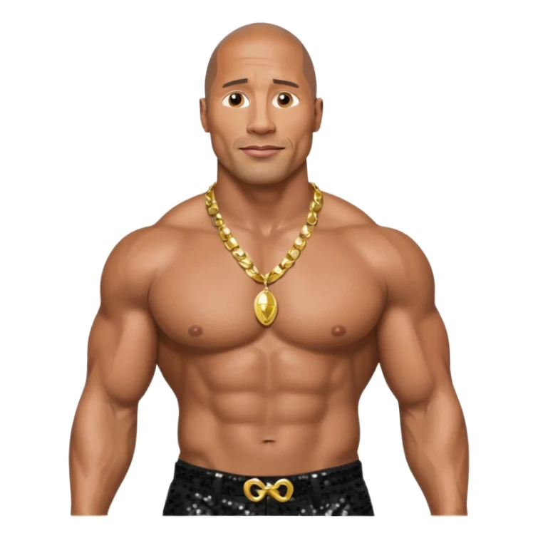 Dwayne Johnson with black sequin baggy pants, shirtless with necklace sticker