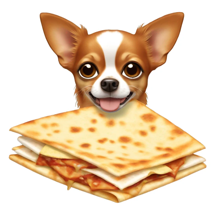 Long-haired reddish brown Chihuahua with white markings eating quesadilla sticker