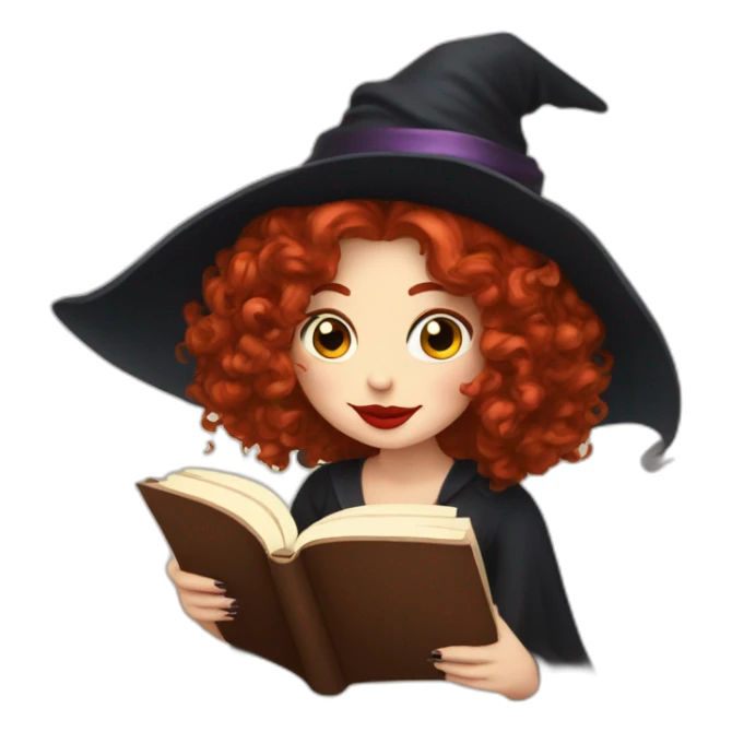 a witch with red lips, red curly hair to the shoulders reading a book and drinking coffee sticker