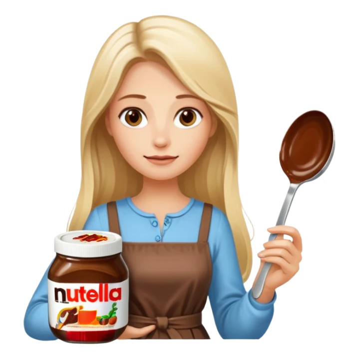 Nutella with a spoon. The glas of Nutella is almost empty . Next to the Nutella is the head of a blond woman who is looking forward to eat the Nutella. The hair of the woman needs to be longer. She is holding a big carriage of Nutella in her right hand and a oversized spoon in the other  sticker