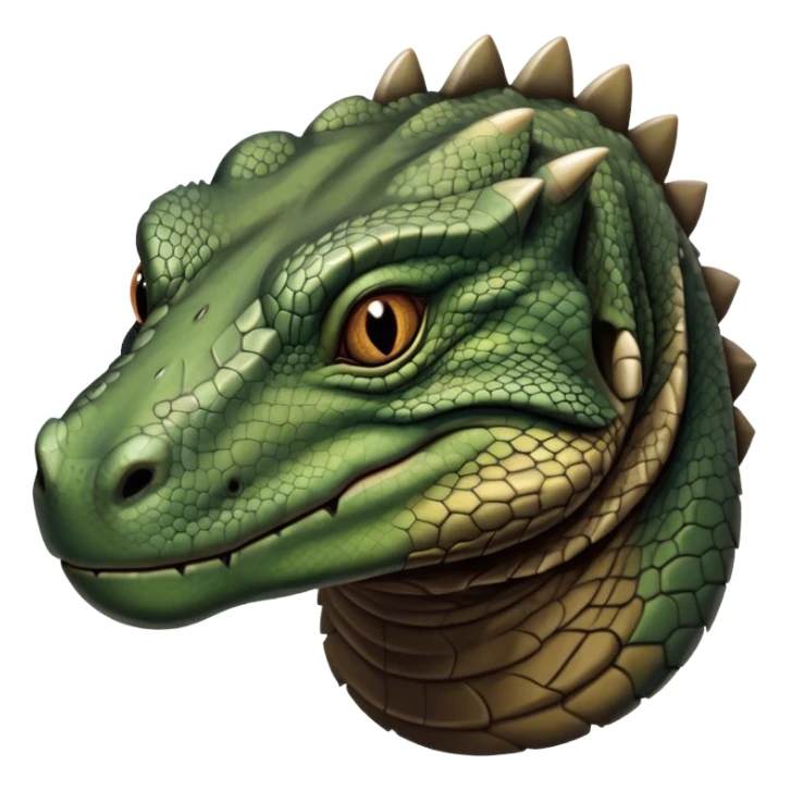 Cinematic Realistic Noble Komodo Dragon Portrait Emoji, Poised and imposing, with a massive, rugged build and a weathered, intricately scaled hide in earthy olive and dark tones, a distinct, powerful head with sharply defined features and piercing eyes, rendered in lifelike detail with natural texture and shadow, high shine, intelligent and formidable, styled with an air of ancient reptilian authority, focused and attentive, soft glowing outline, capturing the essence of a watchful and commanding Komodo dragon that appears ready to emerge from the screen with raw power! sticker