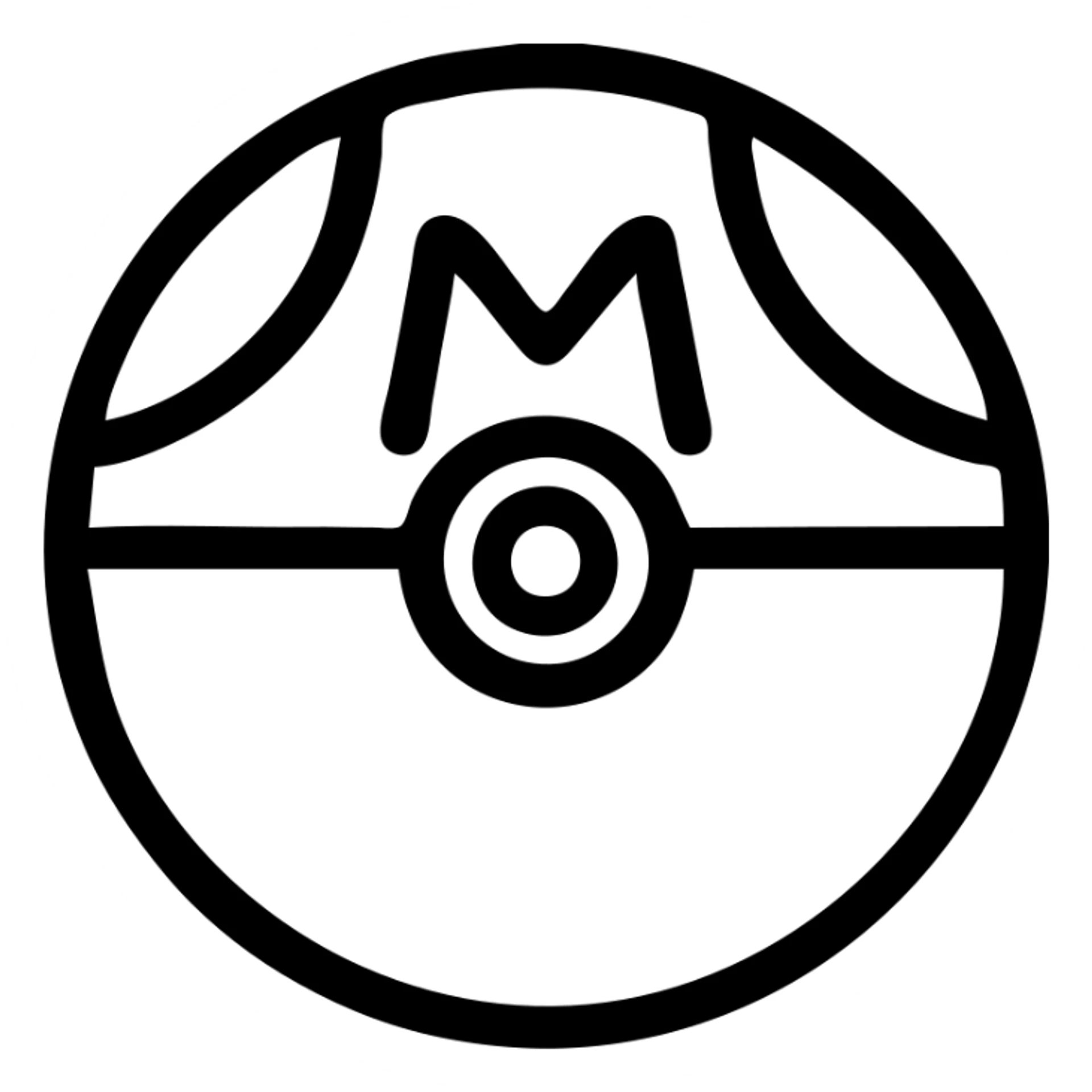 Iconic Master Ball, simplified for app icon use, bold outline, purple and pink halves, white accents, transparent background sticker