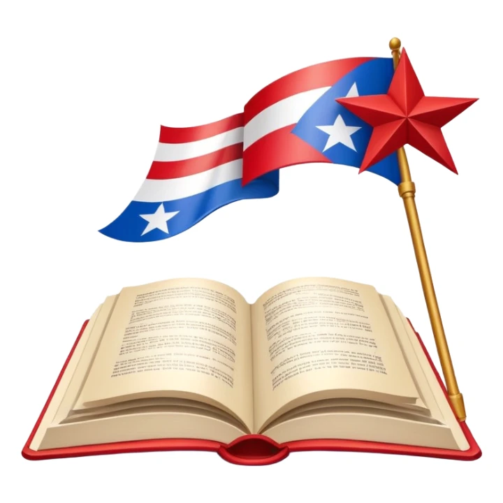 Scenic design book with Puerto Rican flag colors and pattern flowing through its pages, theater stage elements and flag's star incorporated into book design sticker