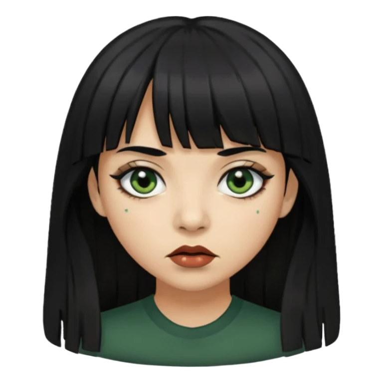 Mulher de franja cabelo preto pele verde bem escuro com a cara machucada com os olhos regalado fundo escuro cabelo longoo sticker