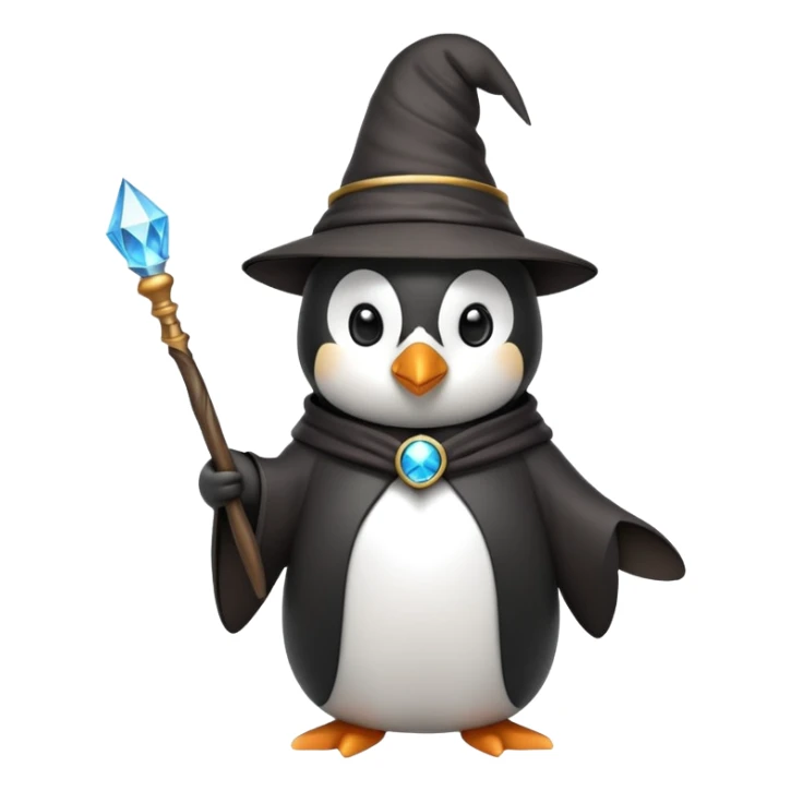 penguin wearing a wizard hat and robe, holding a magic wand sticker