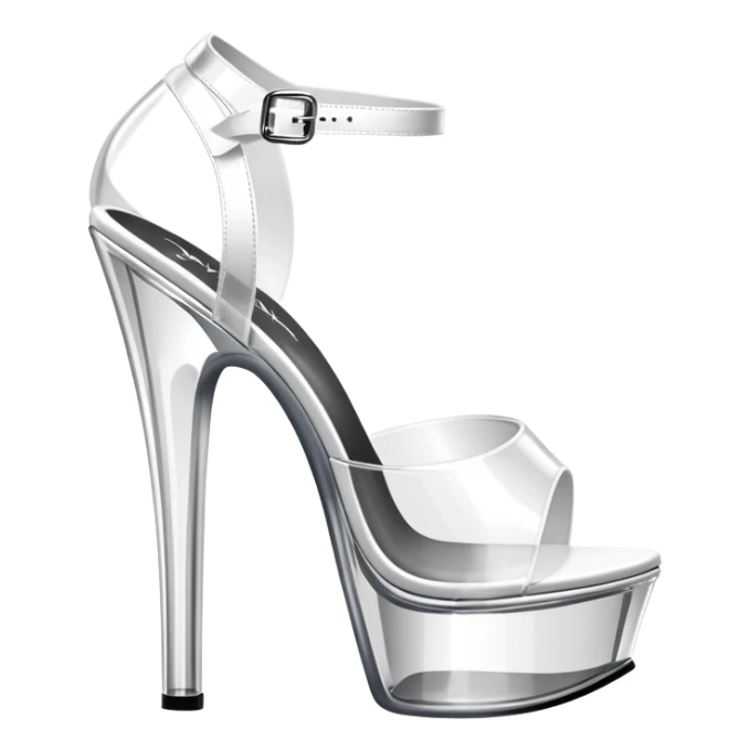 clear platform heel, pole dancing heel, pleaser, white, all translucent , gun on the heel part sticker