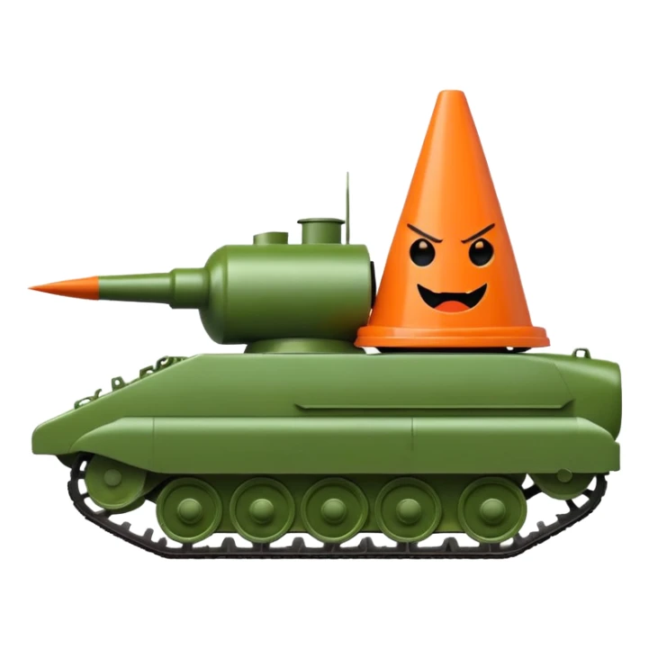green military tank with an evil face running over a traffic cone with a sad face, cone visible under the treads, emoji style sticker