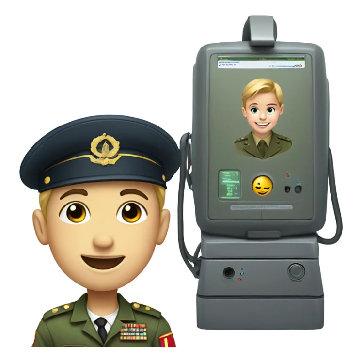 smiling boy in military uniform taking lie detector sticker