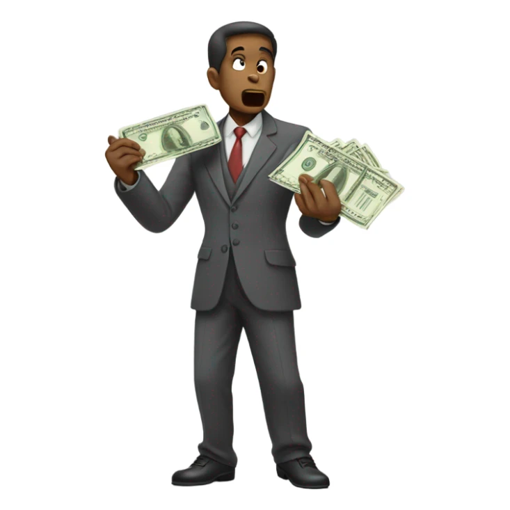 greedy standing man seeing money in his both hands sticker