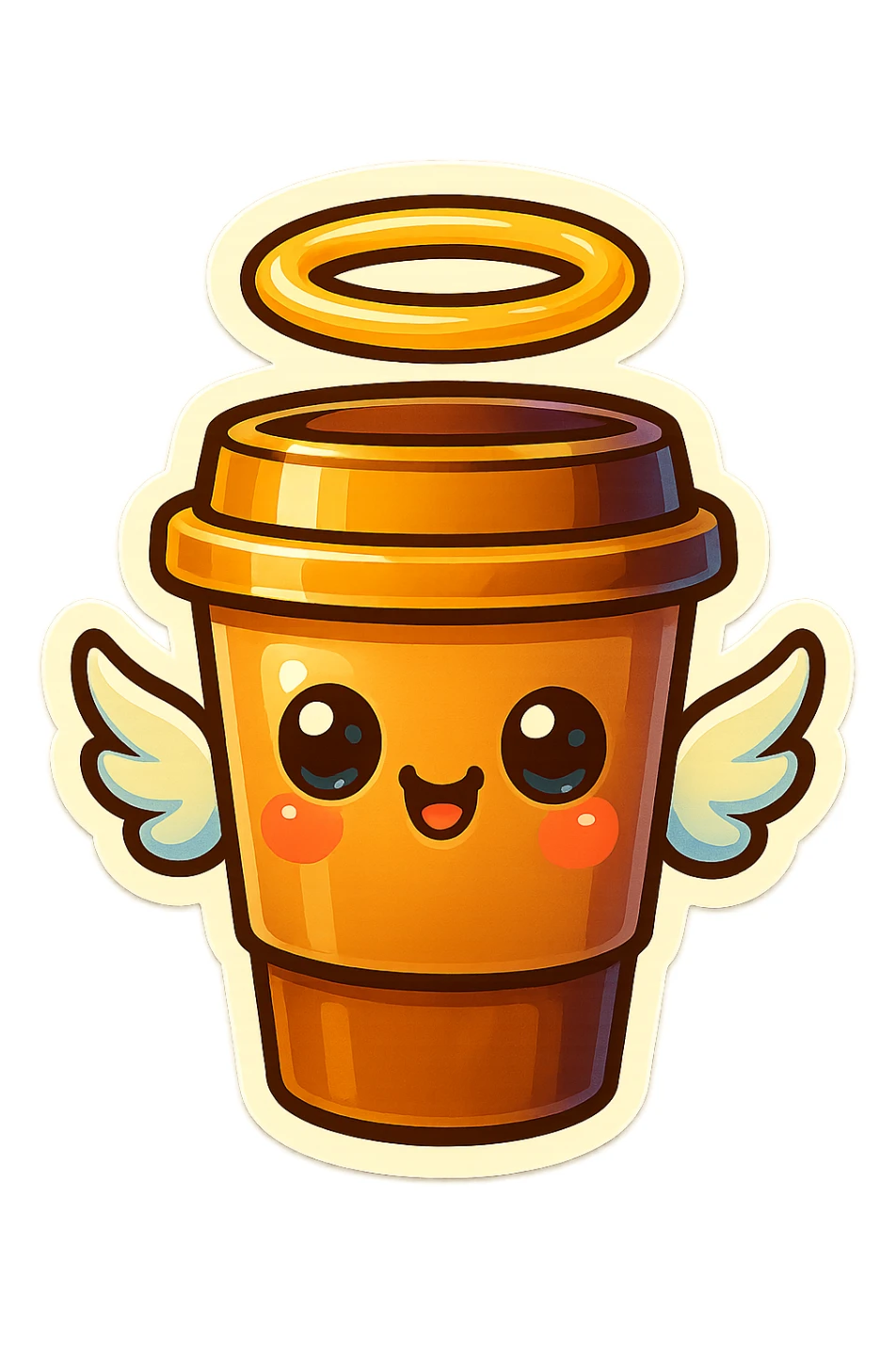 Tall coffee cup, shiney eyes, angel halo, wings sticker