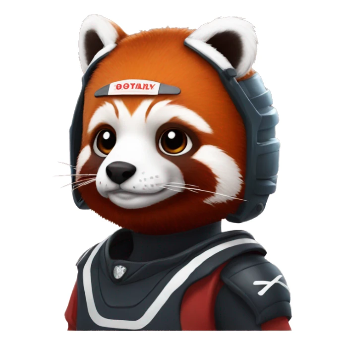 red panda with hockey helmet on that has a red tinted clear face mask sticker