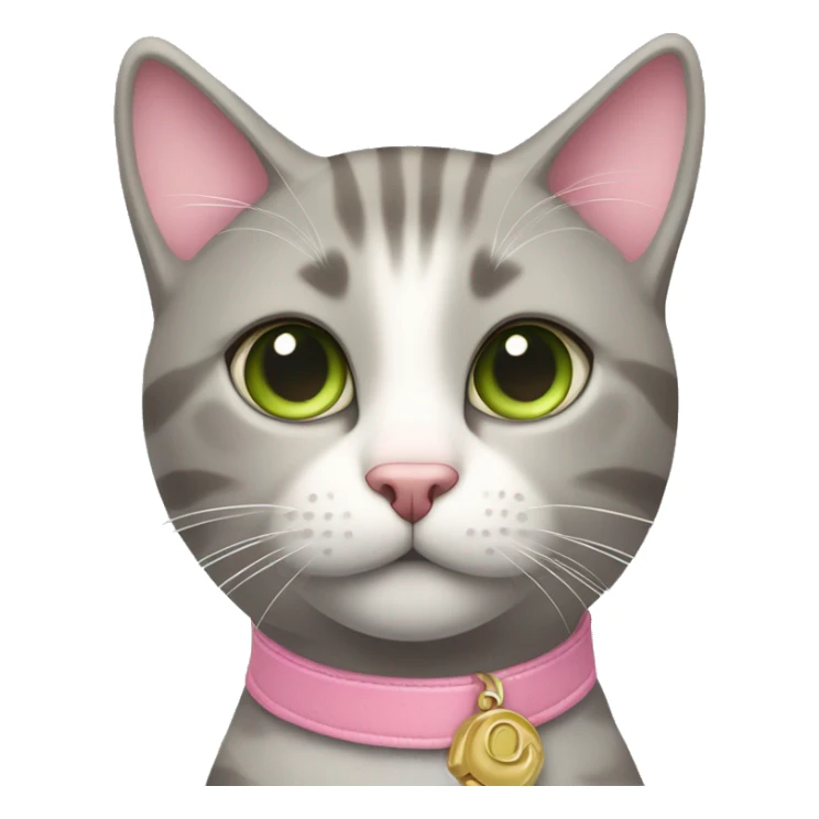 grey and tan cat with cream pattern on her forehead. Pink collar with pink bell.  Green eyes and a pink nose sticker