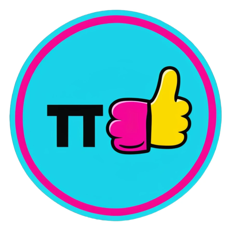 Minimalist sticker with white 'tt' letters on a black circle with cyan, magenta, and yellow dots below, thumbs up gesture with street style influence sticker