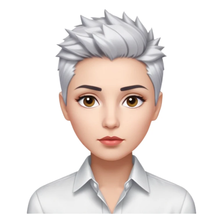 Marian Pabón with elegant facial features, light rosy complexion, expressive eyes, medium well-defined lips, sophisticated pronounced cheekbones, short spiky silver hair styled like a men's cut, dressed in a crisp white button-up shirt sticker