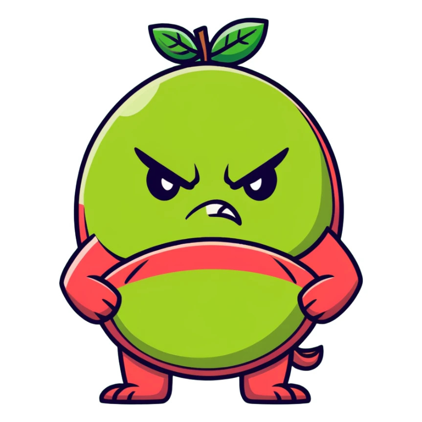 Furious guava character with angry eyes, scowling face, and arms crossed sticker